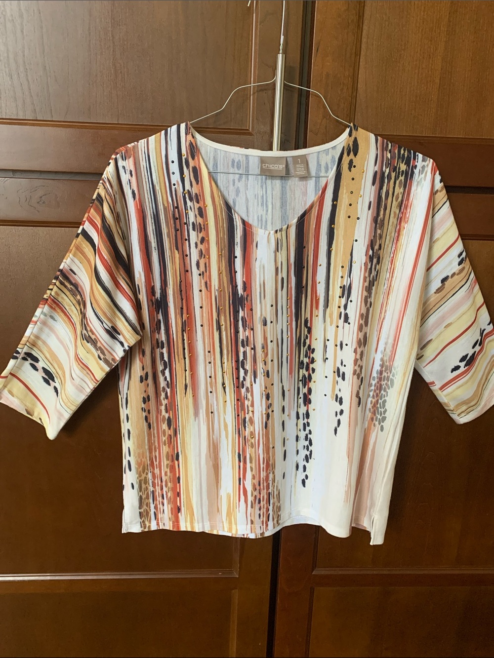 Chico's Multicolor Women’s 3/4 Sleeve Top Rust/Beige/Black Size 1